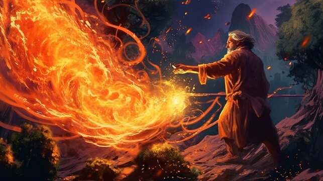 A wizard creating a powerful fireball to incinerate their foes . Fantasy concept , Illustration painting.