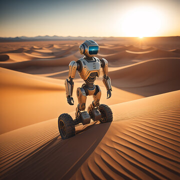 A robot Artificial Intelligence traversing a vast desert expanse, with sand dunes stretching as far as the eye can see, illuminated by the warm glow of a setting sun, evoking a sense of solitude, endu