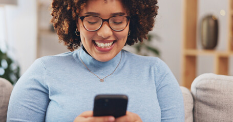 Happy, phone and relax with woman on sofa for social media, internet and text message. Funny, smile...