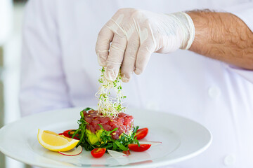 Steak Tartare,Plate with tasty beef tartare on white background 