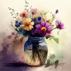 Watercolor Styled Flowers in Jar