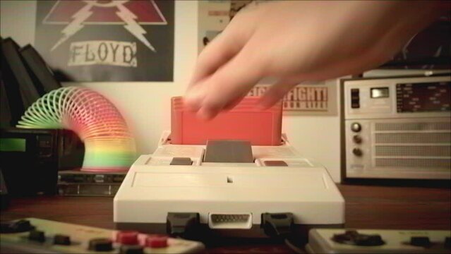 Old TV Game Console with ROM Cartridge, Vintage Gamer Room Joystick and Retro TV, Man Player Start the Game, Play.