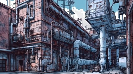 Abandoned industrial factory . Fantasy concept , Illustration painting.