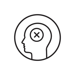 thin line human head with cross like wrong think. flat linear trend modern simple logotype graphic abstract stroke art design isolated on white. concept of irrational thinking or hard mind process