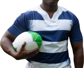 Digital png photo of african american rugby player holding ball on transparent background
