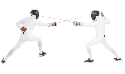 Digital png photo of two diverse swordsmen during fight on transparent background - Powered by Adobe