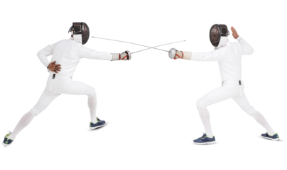 Digital png photo of two diverse swordsmen during fight on transparent background