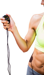 Digital png photo of biracial sportswoman holding stopwatch on transparent background