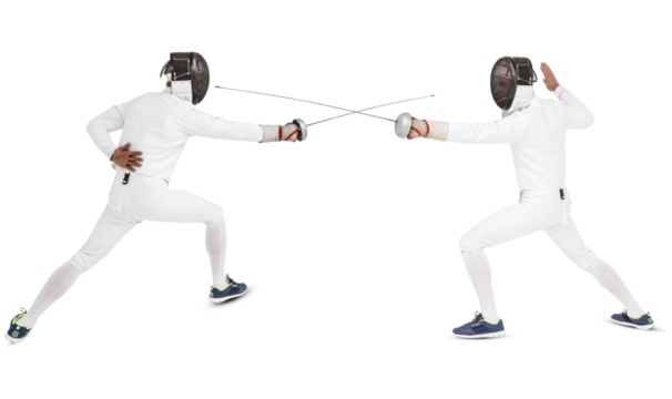 Digital png photo of two diverse swordsmen during fight on transparent background