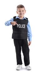 Funny little police officer pointing at body armour on white background