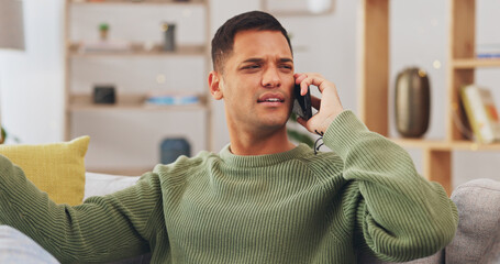 Angry, frustrated and phone call of man in home with anger problem, stress and mad at hearing bad...