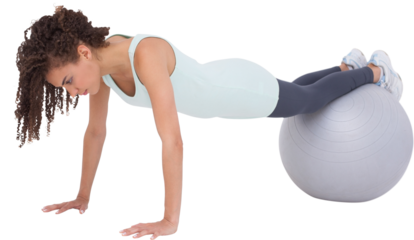 Digital png photo of biracial woman exercising with ball on transparent background