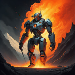 Fototapeta premium A robot Artificial Intelligence standing on the precipice of a volcanic landscape, with molten lava flowing and erupting from the depths, billowing smoke and intense heat filling the air, capturing a 
