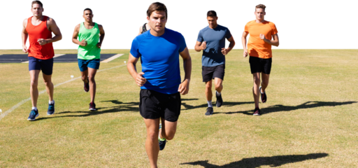 Digital png photo of diverse sportsmen running on field on transparent background