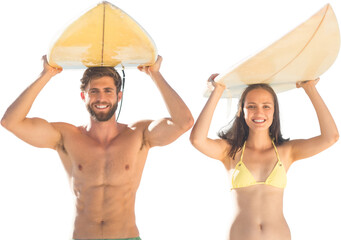 Digital png photo of caucasian surfer couple holding surfboards on transparent background