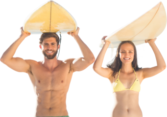 Digital png photo of caucasian surfer couple holding surfboards on transparent background
