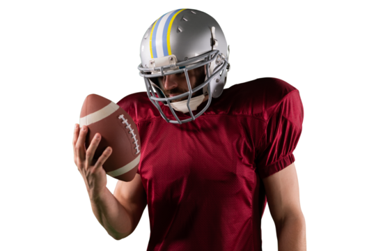 Digital png photo of hispanic rugby player holding ball on transparent background - Powered by Adobe