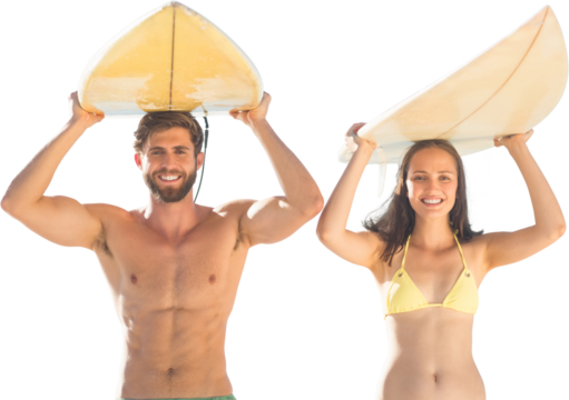 Digital png photo of caucasian surfer couple holding surfboards on transparent background