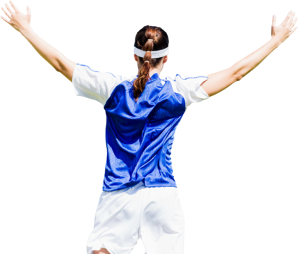 Digital png photo of back view of caucasian sportswoman enjoining win on transparent background - Powered by Adobe