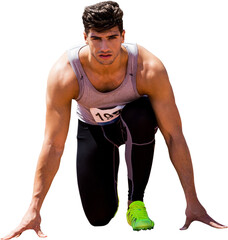 Digital png photo of hispanic runner preparing to stari on transparent background