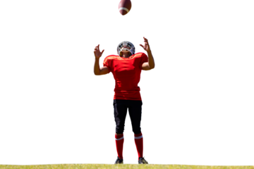 Digital png photo of hispanic rugby player tossing ball on transparent background