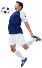Digital png photo of hispanic footballer hitting ball witch chest on transparent background