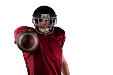 Digital png photo of hispanic rugby player holding ball on transparent background