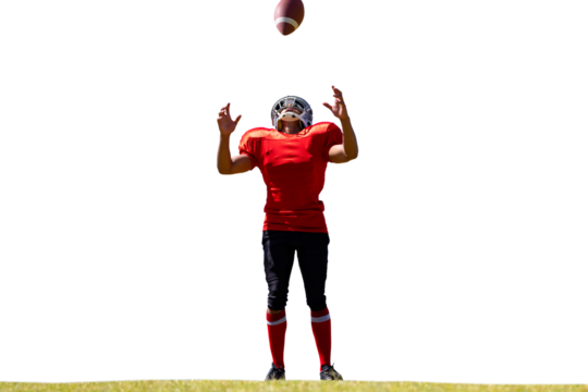 Digital png photo of hispanic rugby player tossing ball on transparent background