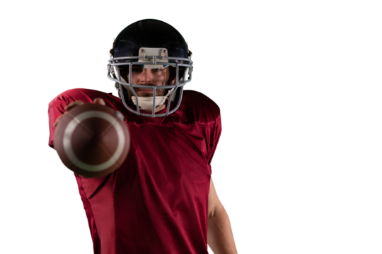 Digital png photo of hispanic rugby player holding ball on transparent background - Powered by Adobe