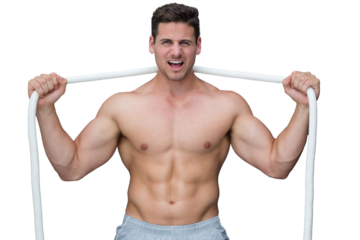 Digital png photo of caucasian sportsman holding rope on shoulders on transparent background