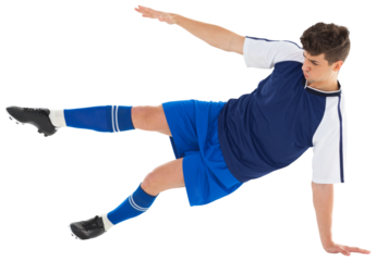 Digital png photo of caucasian footballer kicking ball on transparent background