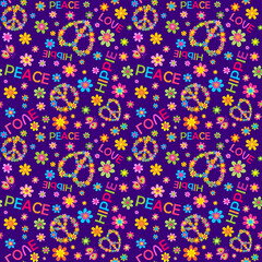Hippie violet seamless print with flower-power, hippie peace symbols, butterfly and love, peace, hippie words.