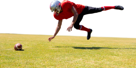 Digital png photo of caucasian rugby player jumping to ball on transparent background