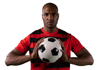 Digital png photo of african american footballer holding ball on transparent background © vectorfusionart