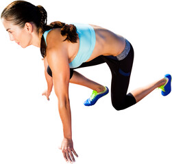 Digital png photo of caucasian runner woman preparing to start on transparent background