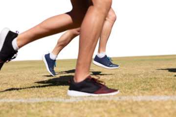 Digital png photo of legs on caucasian men running on transparent background