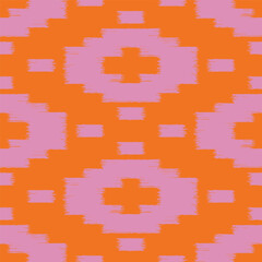 Seamless ikat pattern with pink elements on orange background.