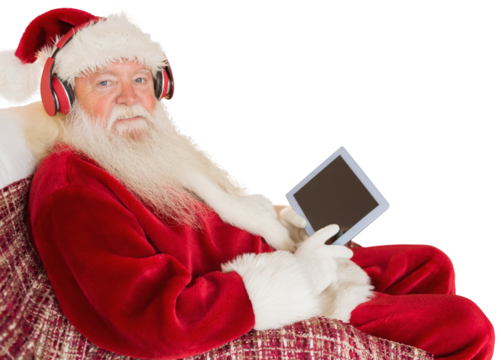 Digital png photo of caucasian man in santa outfit using tablet on transparent background