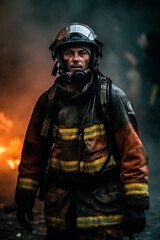 Obraz premium spectacular shot of firefighter coming out of the fire