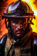 close-up of firefighter getting out of the fire