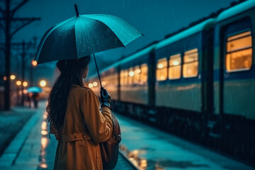 woman at the station with umbrella in the rain