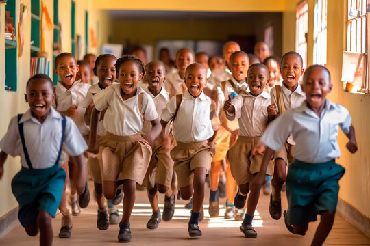 children in african school running happily through the corridors