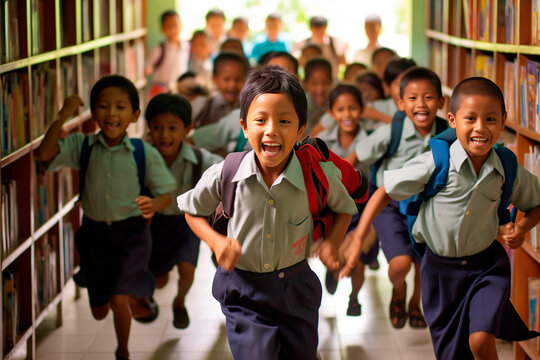 children in school running happily through the corridors