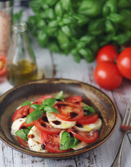 A bowl with traditional Italian caprese salad