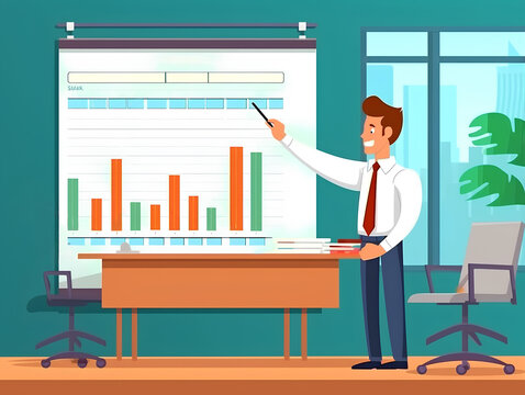 Illustration of a man banker draws a graph. Presentation of trends and pivot tables. Work place AI