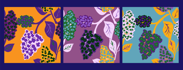 Lilac Flowers. Set of seamless patterns in flat style hand drawn illustration. Floral pattern. Vector collection for design, print, fabric, wallpaper, paper, etc.