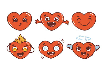 set of funny cartoon hearts for your design. Cute characters for valentines day cards. Retro style. Vector illustration