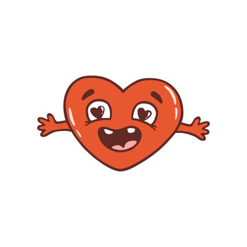Cute cartoon heart with a smile . Love concept. Happy Valentines day. Happy heart character in retro style. Vector illustration