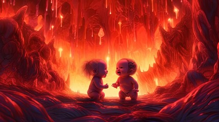 Adorable baby demons playing in a fiery cave . Fantasy concept , Illustration painting.