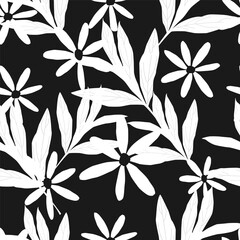 Black and white flowers seamless pattern. Minimal flower vector seamless pattern. Black and white print for fabric, wrapping paper, wallpaper design.